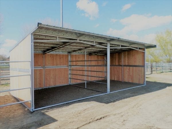 KRE 12x24 Open Front Plywood Shelter With 5 Rail Divider And Tin Roof Overhang