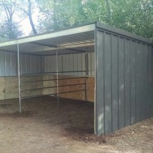 KRE 12x24 Open Front Shelter With 4 Rail Divider And Tin And Plywood Siding